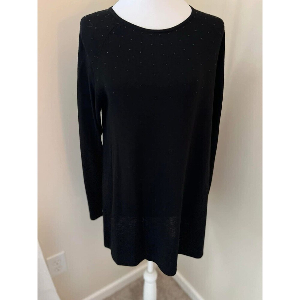 J Jill Sz Med Petite Crew Neck Pullover Tunic Sweater Beaded Neckline Wool Blend
